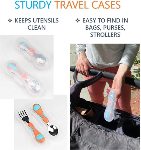 Kids Utensils Toddler Silverware Set x 3 - Stainless Steel Fork Spoon with Travel Case, 6 Pieces Orange Blue