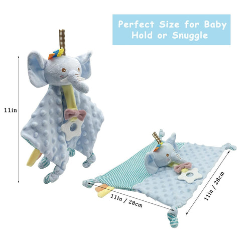 Elephant Security Blanket for Baby, Soft Plush Minky Fabric Lovey, Crinkle Sensory Blanket, Unisex Baby Gift (Blue 11")