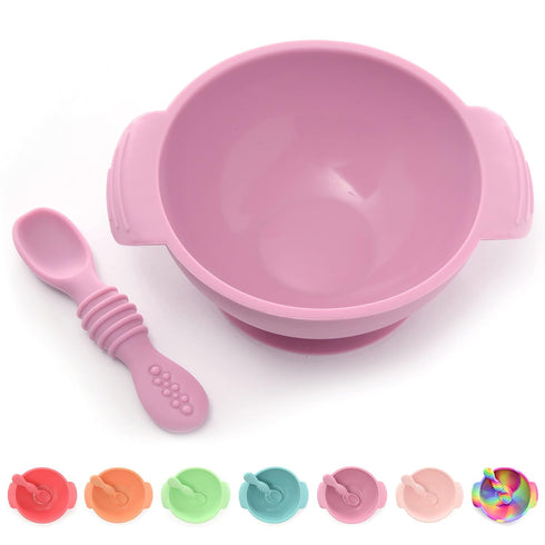 PrimaStella Unbreakable Silicone Non-Slip Bowl and Chew Spoon Set for Babies and Toddlers (Purple)