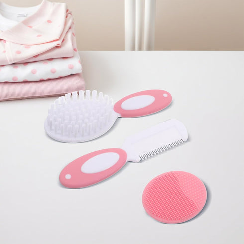 Set Mikinona Scalp Brush and Nylon Comb for Newborns and Infants, Pink, Soft Silicone Scrubber, Suitable for Wet