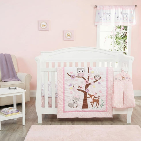 EVERYDAY KIDS 4 Piece Girls Crib Bedding Set - Owls - Soft