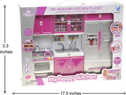 Set, Set Set (3-in-1) PowerTRC Doll Kitchen Play Mini Modern Toy Kitchen Pretend Play Furnitures Toy Accessories