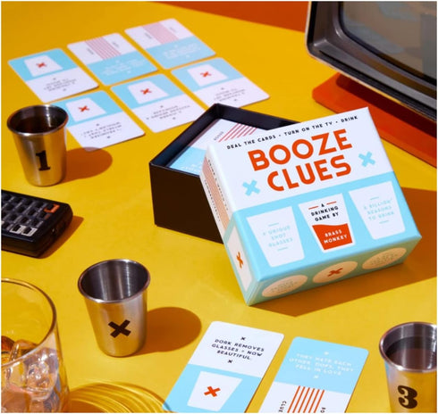 Brass Monkey Booze Clues Drinking Game Set Includes 100 Game Cards, 4 Stainless Steel Shot Glasses, and Instructions