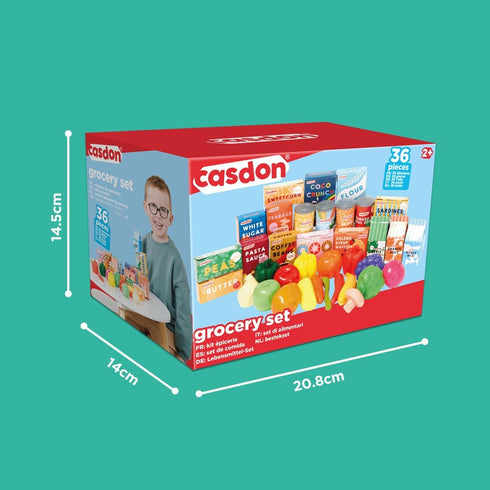 Set. Set 2+. Casdon Grocery Family Favourites Toy Grocery for Children Aged Features Fruits, Vegetables, Cans and More