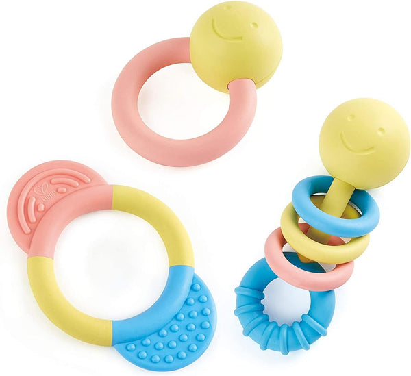 Hape Rattle & Teether Collection | 3-Piece Rattle & Teething Set for Babies in Soft Colors