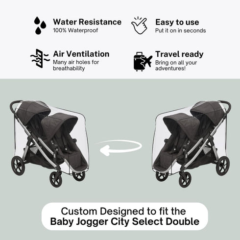 SASHA'S Rain and Wind Cover for Baby Jogger City Select Double Stroller - Made in USA