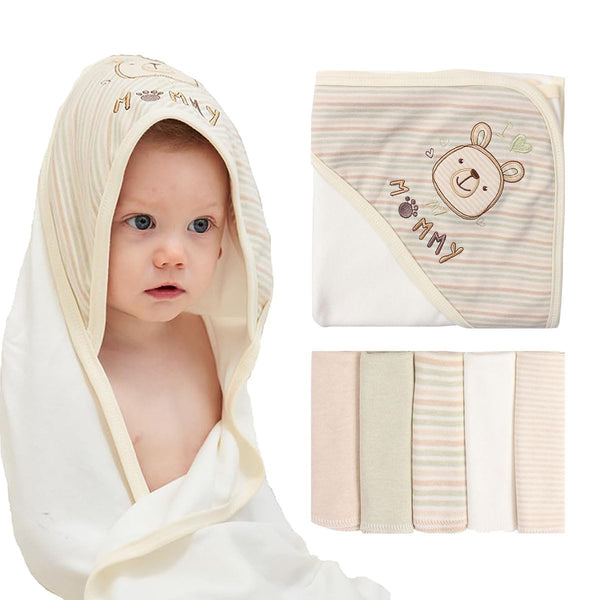 6-Pack Organic Cotton Baby Bath Set - Ultra Soft Embroidered Hooded Towel