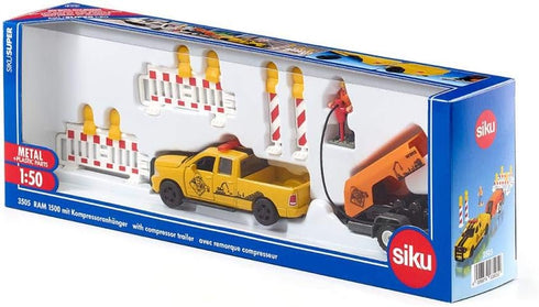 Siku 3505, 1500 1:50, RAM Pick-Up with Compressor Trailer, Metal/Plastic, Yellow/Orange, Incl. barriers and Toy Figure