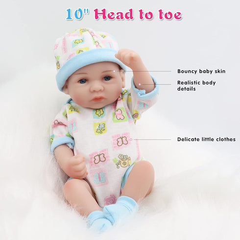 Reborn Baby Boy Doll, 10 Inch Anatomically Correct Realistic Silicone Vinyl Baby Doll Gift Set for Kids 3+