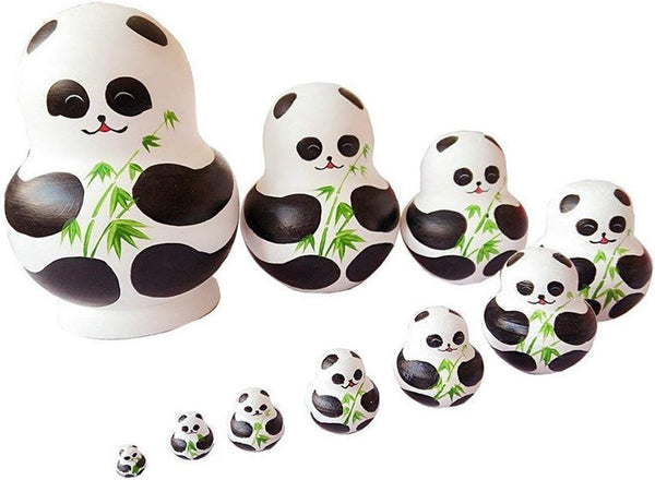 Cute Animal Panda with Bamboo Handmade Wooden Russian Nesting Dolls Matryoshka Dolls