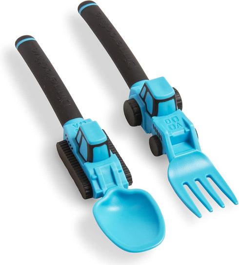 Dinneractive 2-Piece Utensil Set for Kids, Construction Themed Toddler Forks & Spoons, Blue Loader & Tractor