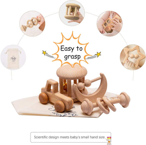 Wood Baby Rattle Personalizable Infant Rattle, Sensory Development Wooden Toys Set