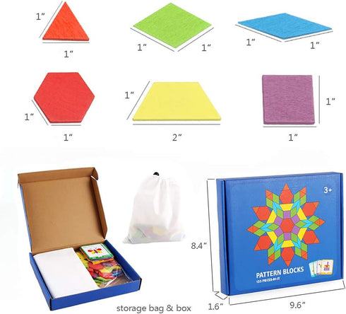155 Pcs Wooden Pattern Blocks Set, Geometric Shape Puzzle for Kids Ages 4-8 with 24 Pcs Design Cards
