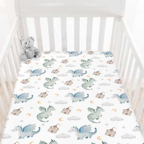 Cstdyfrv 28x52in Cute Baby Dragons Castle Crib Sheets Watercolor Fairytale Dragon Moon Stars Soft Breathable Baby