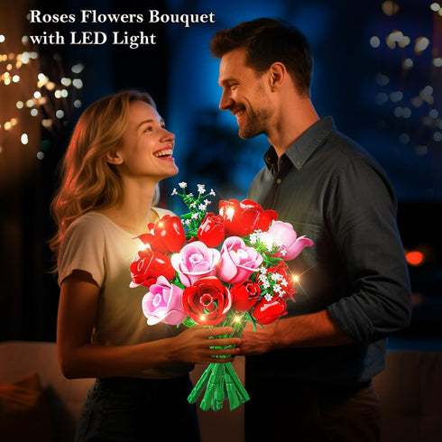 Set 16 387PCS HOGOKIDS Flowers Bouquet Building with Lights - Roses Bouquet Botanical Building Blocks Artificial Red