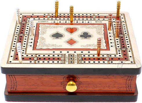 3 Track Non-Continuous Travel Cribbage Board - 60 Points, Maple/Bloodwood Inlaid, 6" x 5" with Storage Drawer