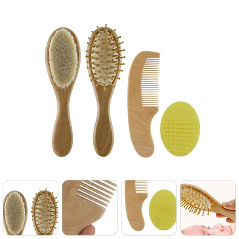 Set 4-piece Infant Scalp Brush Wooden Baby Hair Brush Comb for Newborns Boys and Girls and Comb