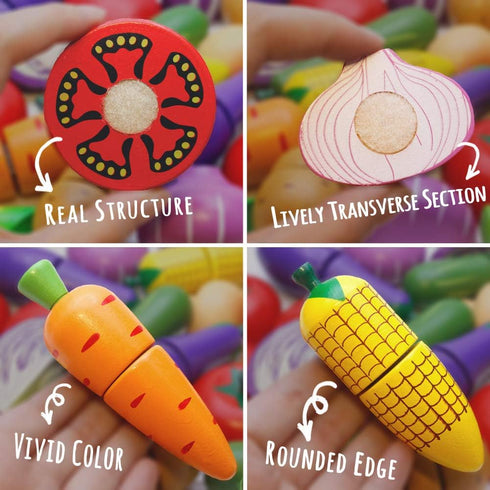 Wooden Play Food for Kids Kitchen Toys, Cutting Pretend Toy Food, Educational Gifts for Boys & Girls