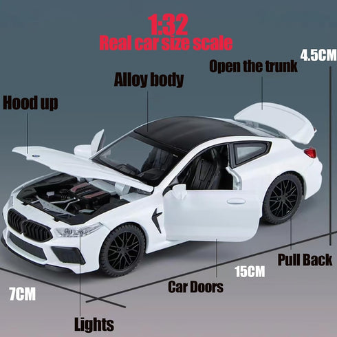 Toy Cars Compatible BMW M8 Model Car 1/32 Metal Collectible with Light and Sound Pull Back for Boys 3+