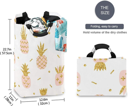senya Pink Pineapple with Gold Glitter Large Storage Basket, Collapsible Organizer Bin with Handles