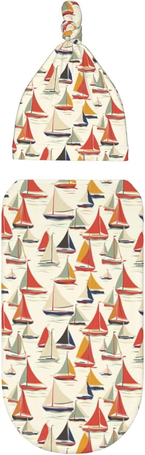 Sailboats Sets Cartoon Newborn Swaddle Blankets Hat Soft Baby Receiving Blanket Swaddle Sack for Baby Shower Infant Boy