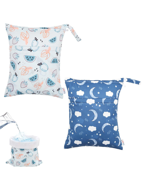 ALVABABY 2pcs Waterproof Wet Dry Bags,Reusable with Two Zippered Pockets,Baby Cloth Diaper,Travel,Beach,Pool,Daycare,Soiled