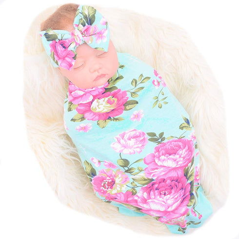 Galabloomer Flower Print Baby Swaddle Blankets Receiving Blanket Headband Set