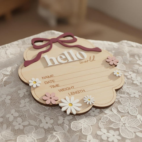 TTMerriwood Hello World Wooden Baby Birth Announcement Sign with Pink Bow, Cloud Shape Floral Newborn Name Date Time
