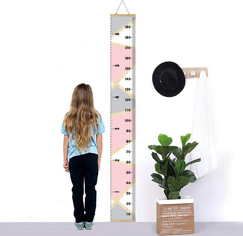 Kids Growth Chart, Wood Frame Fabric Canvas Height Measurement Ruler for Child's Room Decoration (Pink & Grey)