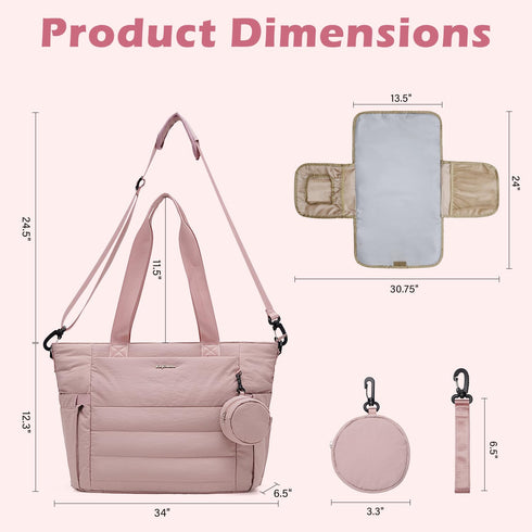 LONG VACATION Diaper Bag Tote Large Baby Diaper Tote Waterproof Travel Tote with Pacifier Case And Changing Pad (Pink)