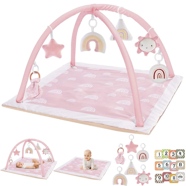Washable Tummy Time Mat, Baby Play Gym with 6 Featured Toys, Baby