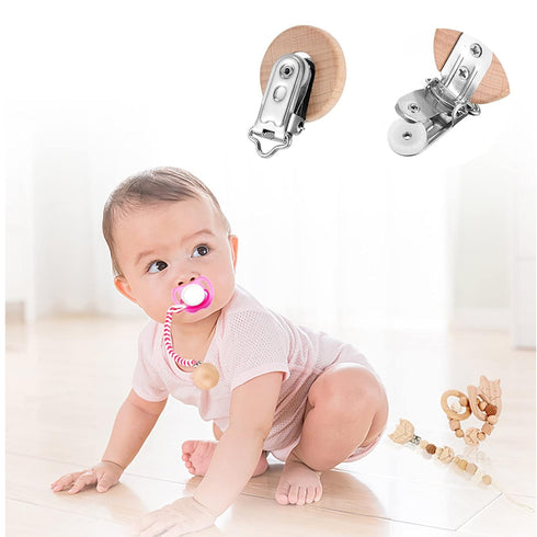 24 Pieces Natural Beech Wood Pacifier Clips - Teething Grasping Toy Holder Accessories