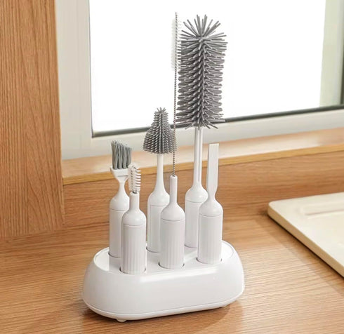 Theodate Pierre Set, 6 Baby Bottle Brush Silicone, White and Gray, Piece, Base Supprt, for Bottles, Nipple, Straws