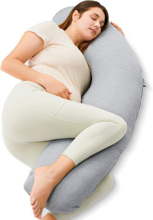 Momcozy J-Shaped Pregnancy Pillow for Sleeping with Cooling Cover, Side Sleeper Support