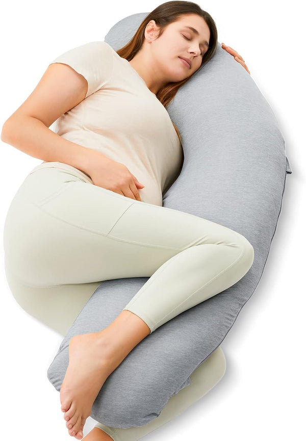 Momcozy J-Shaped Pregnancy Pillow for Sleeping with Cooling Cover, Side Sleeper Support