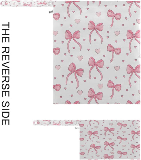 Haskirky 2 Pink Bows Hearts Pcs Cloth Diaper Wet Dry Bags,Waterproof and Washable Bag for Travel Reusable Wet Bag