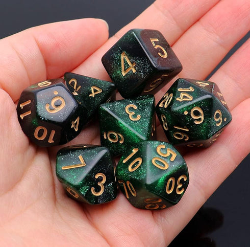 Polyhedral DND Dice Set - Glitter Dice for Dungeon and Dragons D&D RPG Role Playing Games (Green Mix Black Nebula)
