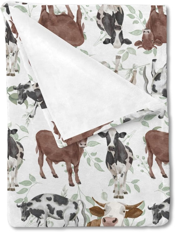 Watercolor Cows Baby Blanket, Farm Cows Green Leaves Flannel Swaddle, Soft Lightweight Receiving Blanket 30x40