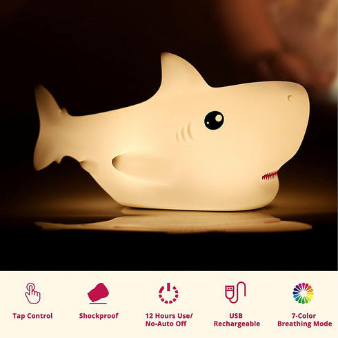 7-Color TriPro Silicone Shark Night Light for Kids Nursery Soft Touch LED Baby Room Lamp, Touch-Control USB