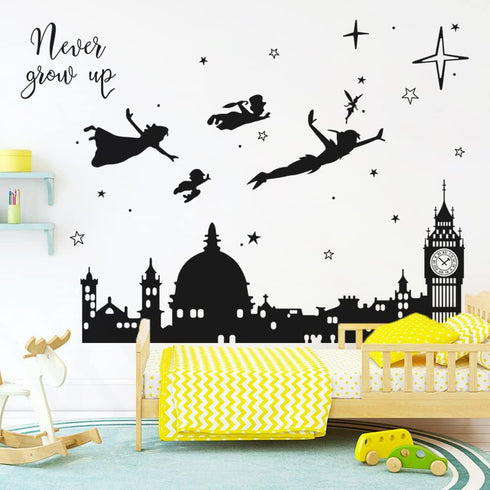 Runtoo Never Grow Up Nursery Wall Decals Quotes, Big Ben Cityscape Wall Stickers for Kids Room Baby Bedroom Decor