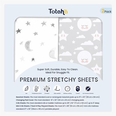 TotAha Premium Soft Pack n Play Sheets, 2-Pack Jersey Knit Mini Crib Sheets, Moon & Grey Sky