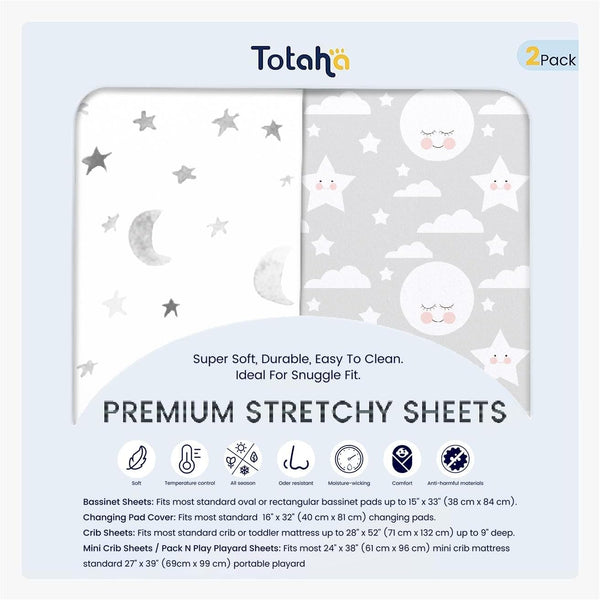 TotAha Premium Soft Pack n Play Sheets, 2-Pack Jersey Knit Mini Crib Sheets, Moon & Grey Sky