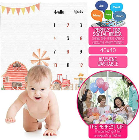 Farm Theme Baby Monthly Milestone Blanket, Soft Flannel, 48x40in, Tractor and Barn Backgrounds, Newborn Mom Gifts, Baby