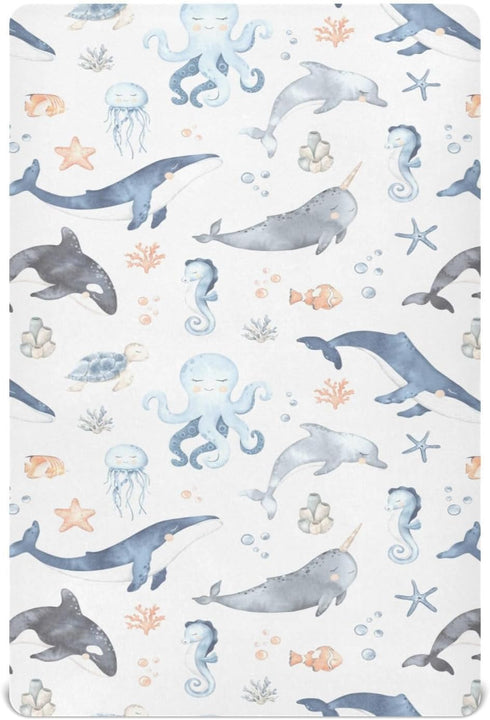 CHUROUSY Ocean Animal Crib Sheets for Boys Girl Whale Shark Dolphin Starfish Jellyfish