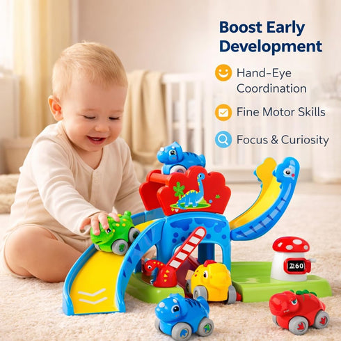 1-3, 4 1 2 Dinosaur Car Ramp Toy for Toddlers Drop & Go Ramp Racer with Mini Cars, Educational Toy for Year Old Boys