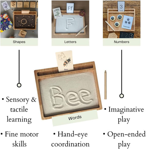 Montessori Sand Tray with Flashcard Holder and Flashcards | Play Sand & Wooden Stylus | Sensory Bin | Tactile & Sensory