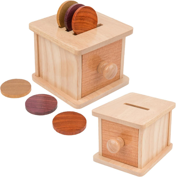 Adena Montessori Coin Box -Natural Wood Double-Sided Object Permanence Box Toy for