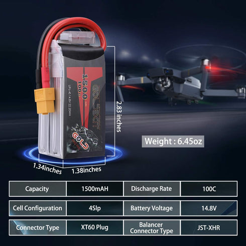 GOLDBAT 1500mAh 4S 100C 14.8V Pack XT60 2 Pack Lipo Battery Softcase with Plug for RC Boat Heli Airplane UAV Drone FPV