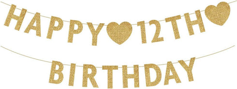 Gold Happy 12th Birthday Banner, Glitter Decorations for 12 Years Old Boy or Girl Party Supplies