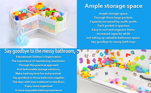 KPH 3-Compartment Corner Bath Toy Organizer - Space-Saving Bath Toy Storage, Mesh Bathroom Toy Holder for Kids, Durable